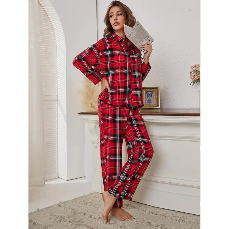 Winter Clothing Youtube - Pigiama scozzese rosso Manica lunga Risvolto